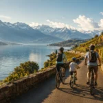 Famille à vélo longeant les rives d'un grand lac alpin entouré de vignobles et de montagnes