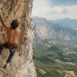 Grimpeur de dos en pleine ascension sur une paroi rocheuse ensoleillée