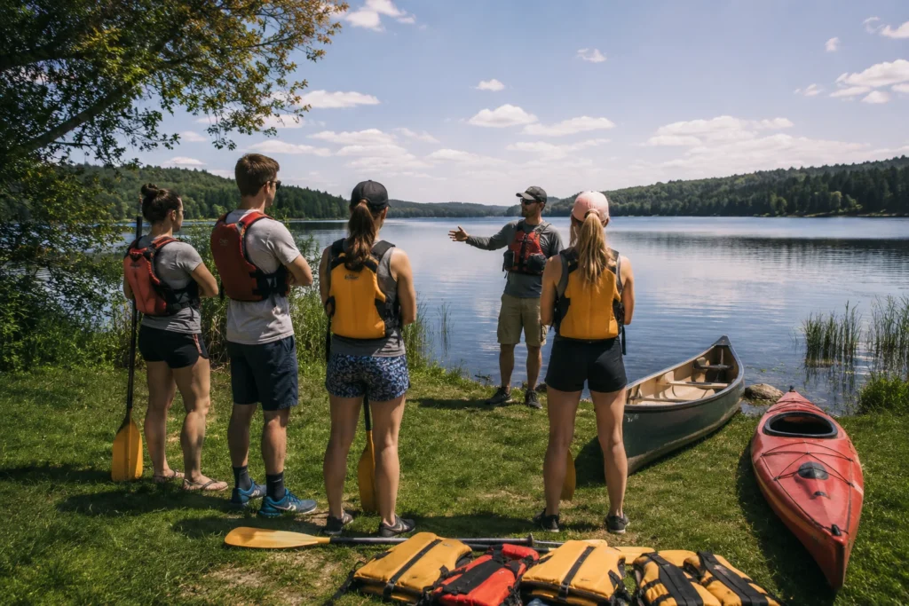 Groupe de débutants s'initiant au canoë et au kayak au bord d'un lac