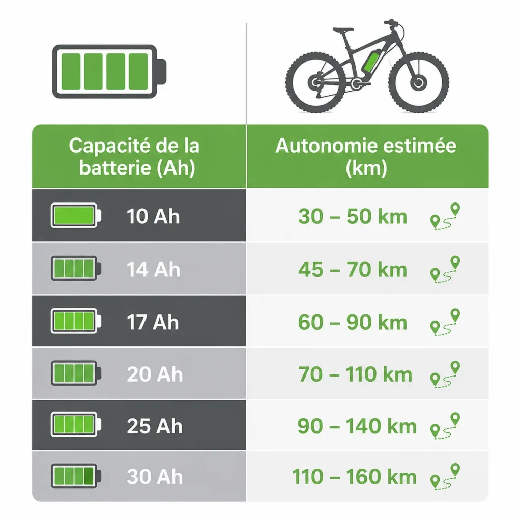 Infographie comparant capacit&eacute; de batterie et autonomie estim&eacute;e pour un VTT &eacute;lectrique