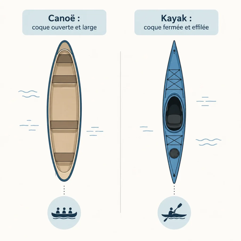 Infographie comparant la forme ouverte du canoë et la forme fermée du kayak