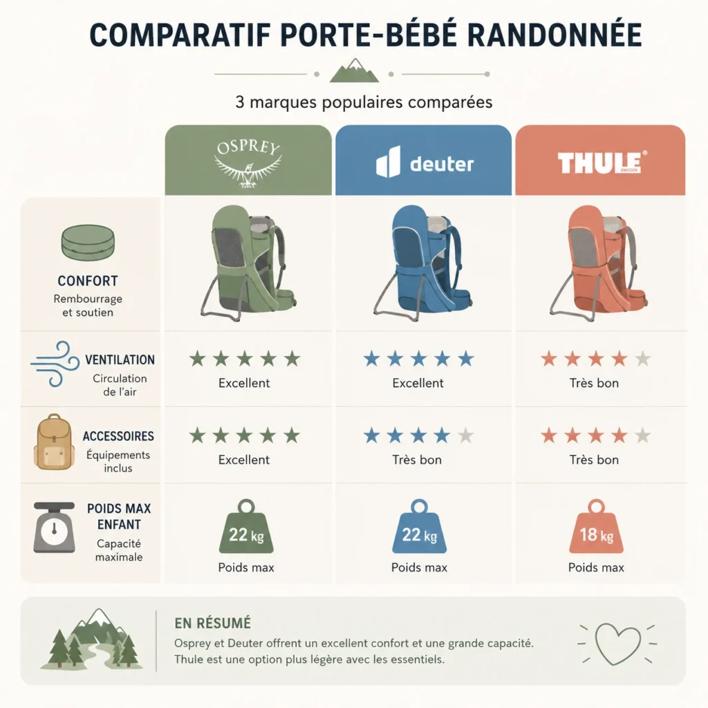 Infographie comparant le confort, l'aération et le poids maximal de plusieurs porte-bébés.