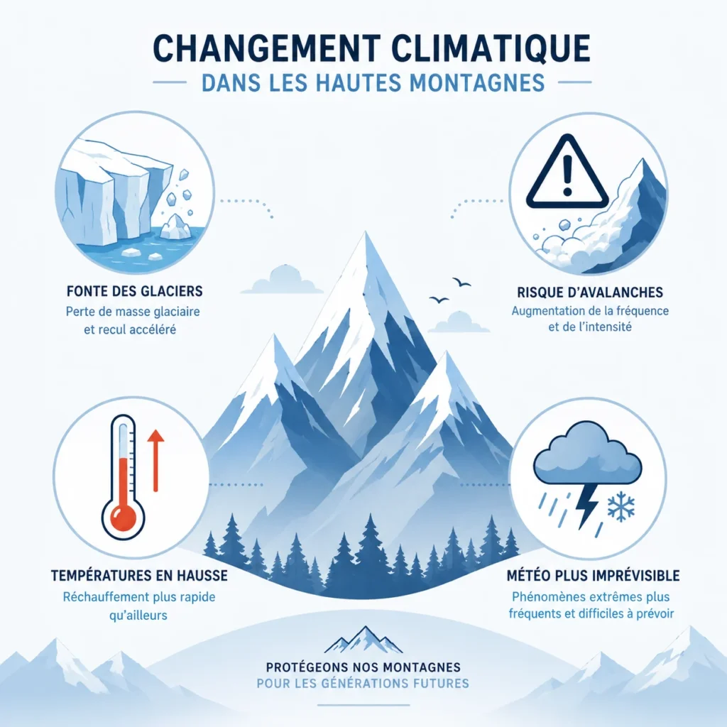 Infographie illustrant l'impact du changement climatique sur les glaciers et risques en montagne