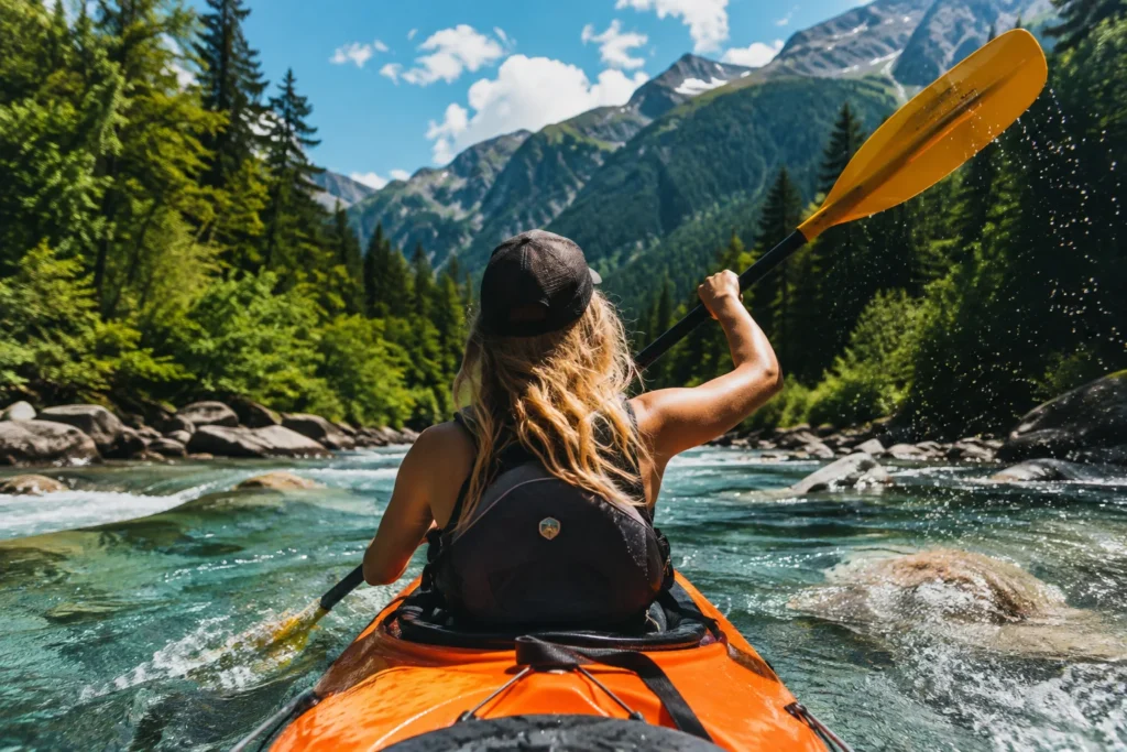 Kayak sur une rivière de montagne entourée de forêts, activité nautique estivale dans les Pyrénées