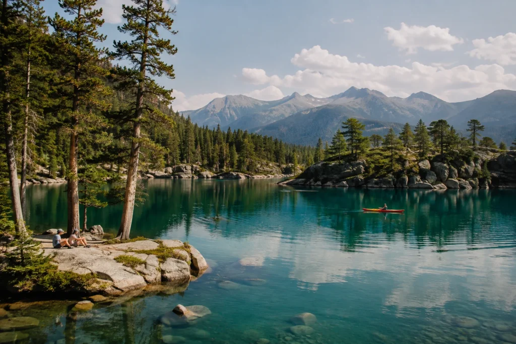 Lac de montagne paisible avec kayak et promeneurs profitant du calme estival