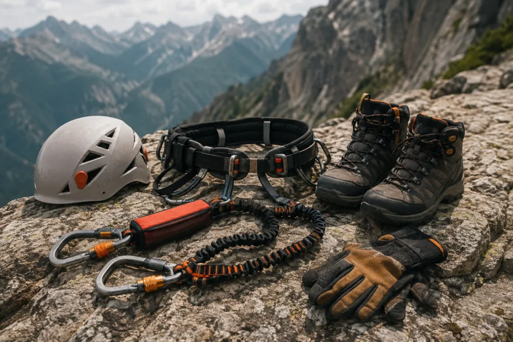 Mat&eacute;riel de s&eacute;curit&eacute; pour via ferrata : casque, baudrier, longe et chaussures adapt&eacute;es