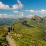 Panorama estival des Pyrénées avec sentier de randonnée serpentant à travers les alpages