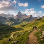 Panorama estival sur les montagnes des Pyrénées avec sentier de randonnée et sommets rocheux