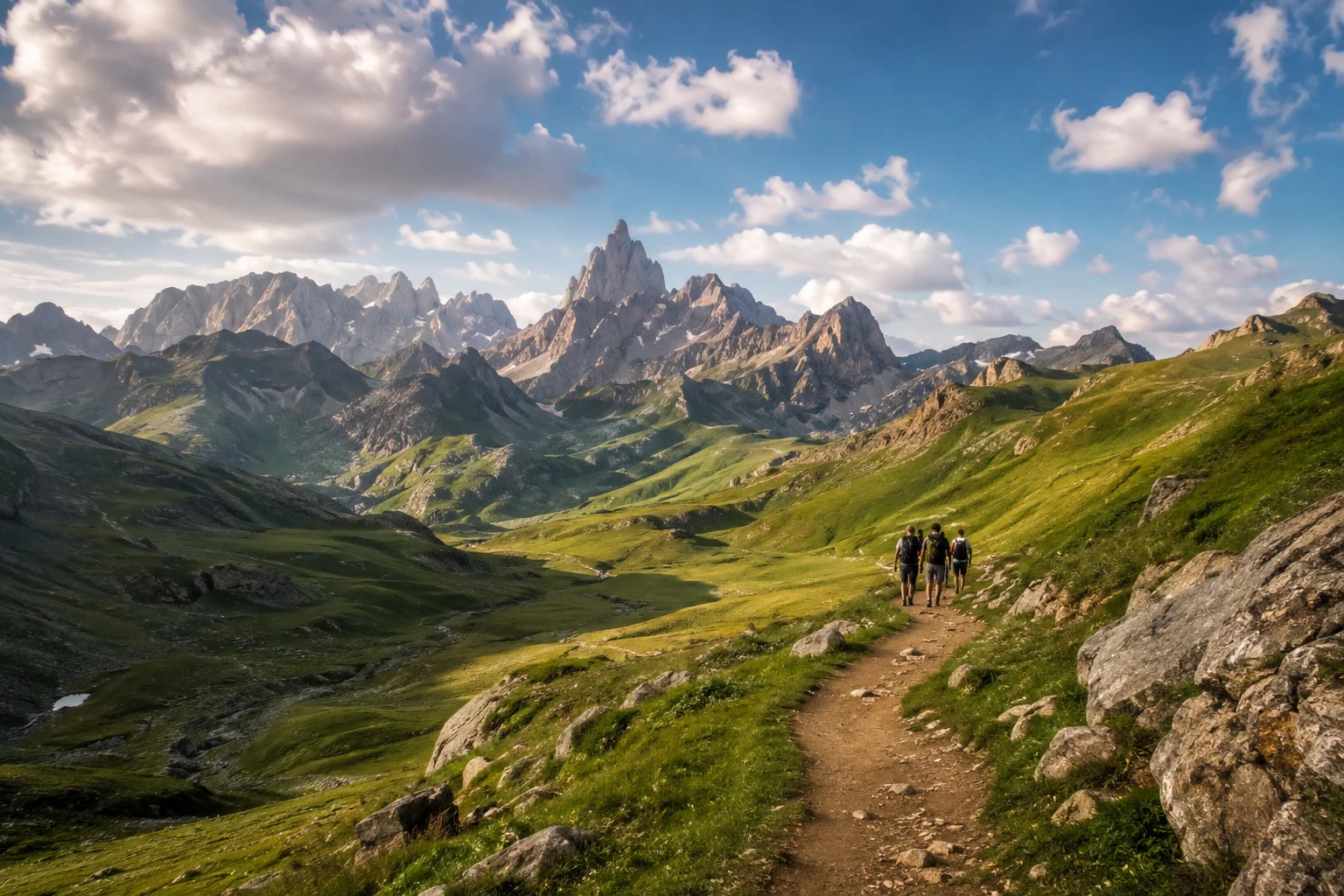Panorama estival sur les montagnes des Pyrénées avec sentier de randonnée et sommets rocheux