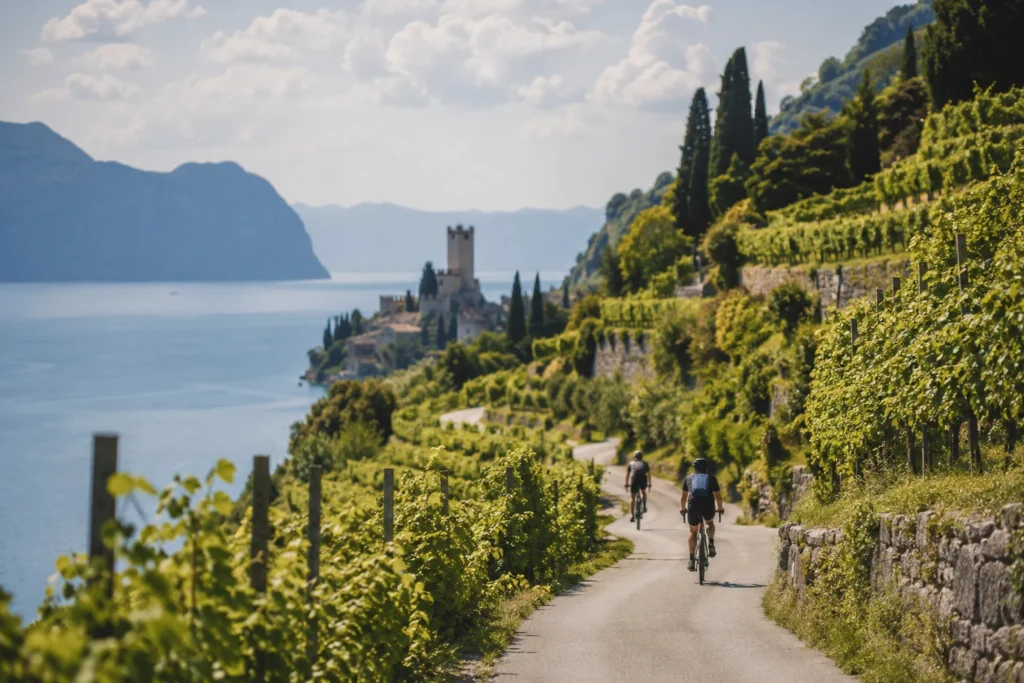 Piste cyclable au milieu des vignobles en terrasses surplombant le lac L&eacute;man