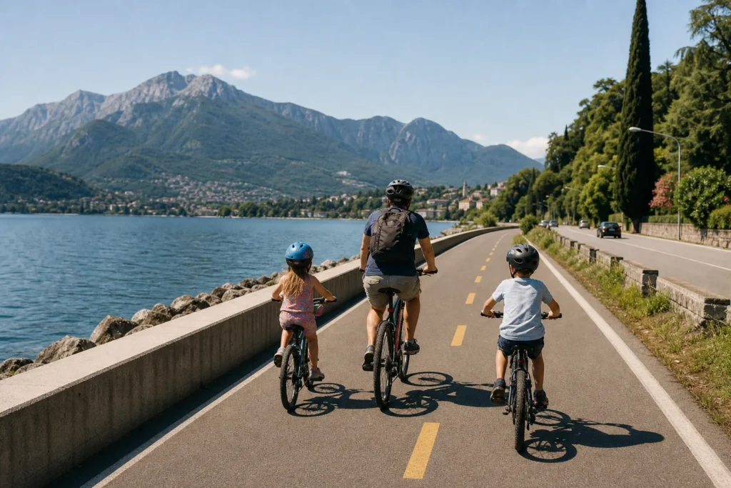 Piste cyclable s&eacute;curis&eacute;e en bord de lac emprunt&eacute;e par une famille &agrave; v&eacute;lo