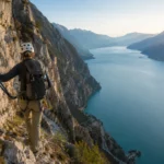 Randonneur de dos progressant sur une via ferrata surplombant un lac alpin turquoise