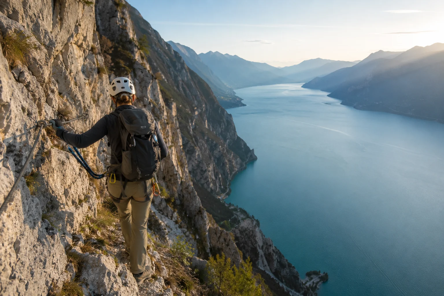Randonneur de dos progressant sur une via ferrata surplombant un lac alpin turquoise