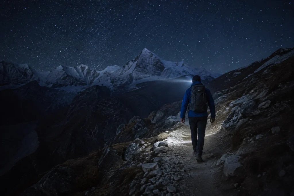Randonneur de nuit progressant en montagne grâce à sa lampe frontale