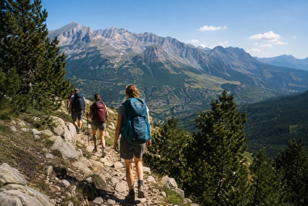 Randonneurs de dos sur un sentier de montagne entour&eacute; de for&ecirc;ts de pins