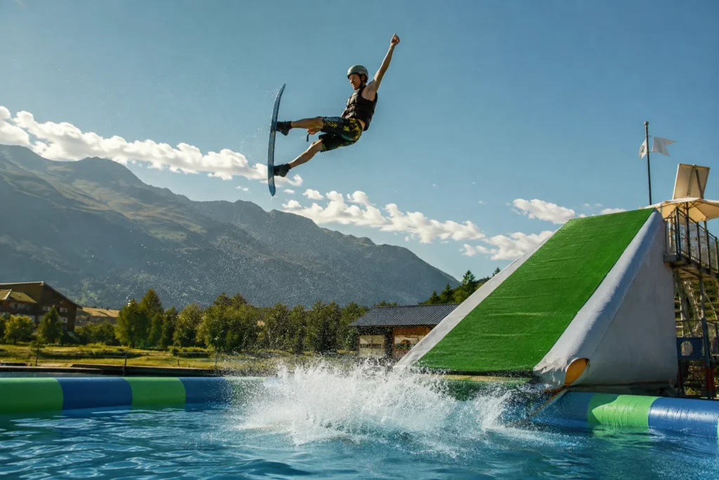 Saut spectaculaire sur un water jump avec &eacute;claboussures dans un cadre montagnard