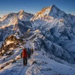 Sommets enneigés de l'Himalaya au lever du soleil avec une cordée d'alpinistes au loin