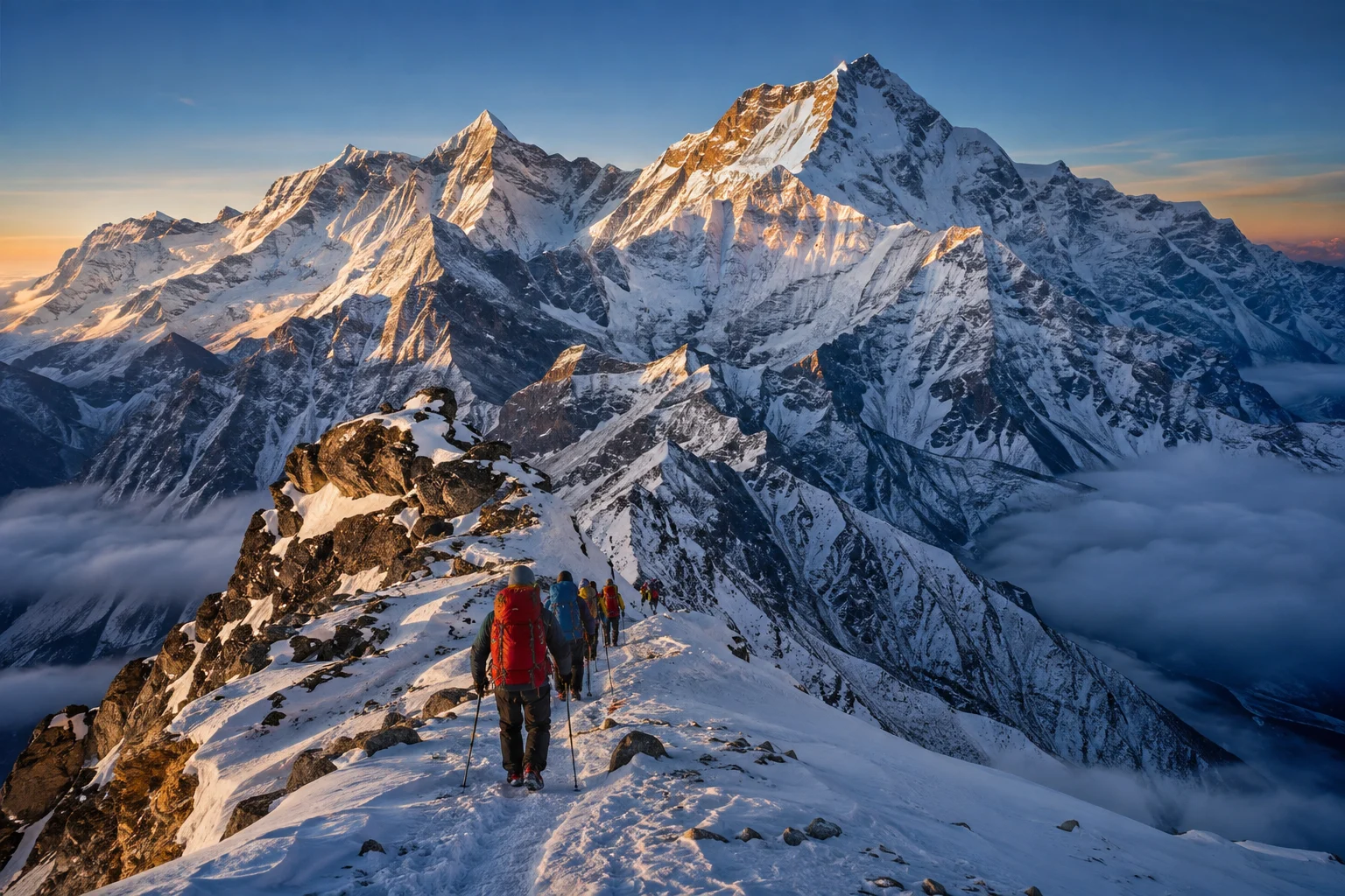Sommets enneigés de l'Himalaya au lever du soleil avec une cordée d'alpinistes au loin