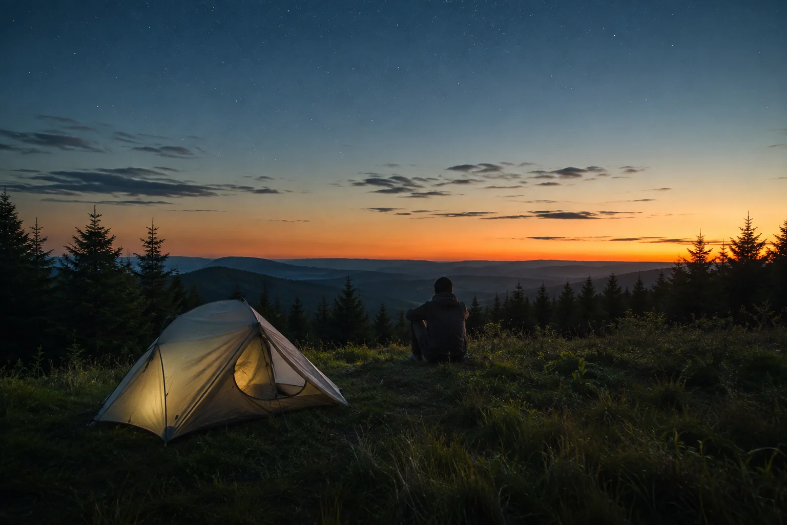 Tente de bivouac isolée dans une clairière au coucher du soleil