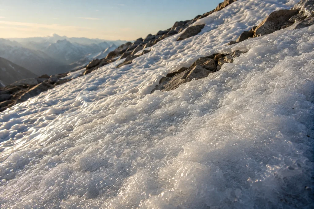 Texture de névé persistant sur une pente en altitude en été