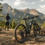 Vélo électrique tout terrain sur un sentier rocailleux en montagne au coucher du soleil