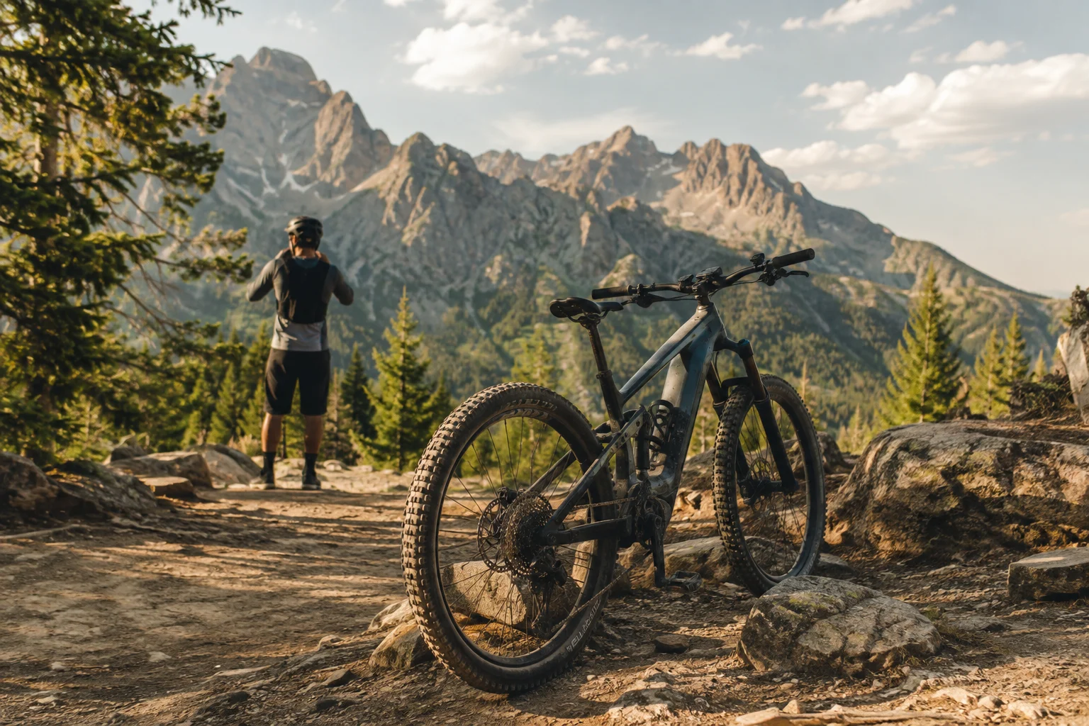 Vélo électrique tout terrain sur un sentier rocailleux en montagne au coucher du soleil