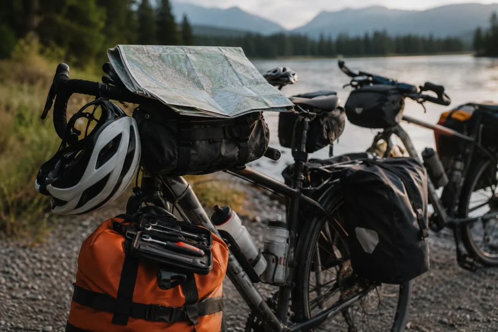 V&eacute;los &eacute;quip&eacute;s de sacoches &eacute;tanches et d'un kit de r&eacute;paration pr&ecirc;ts pour un voyage en famille
